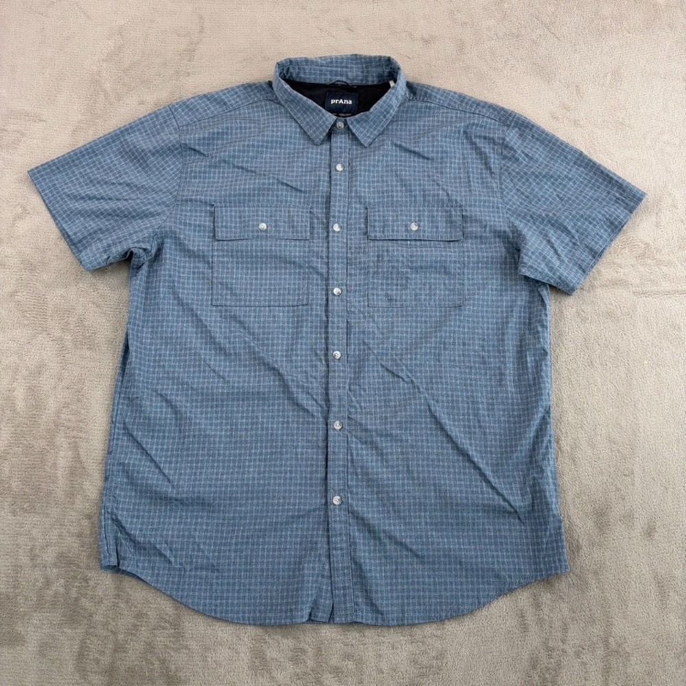 prAna Garvan Vented Outdoor Fishing Hiking Shirt Men XL Blue Check Short Sleeve